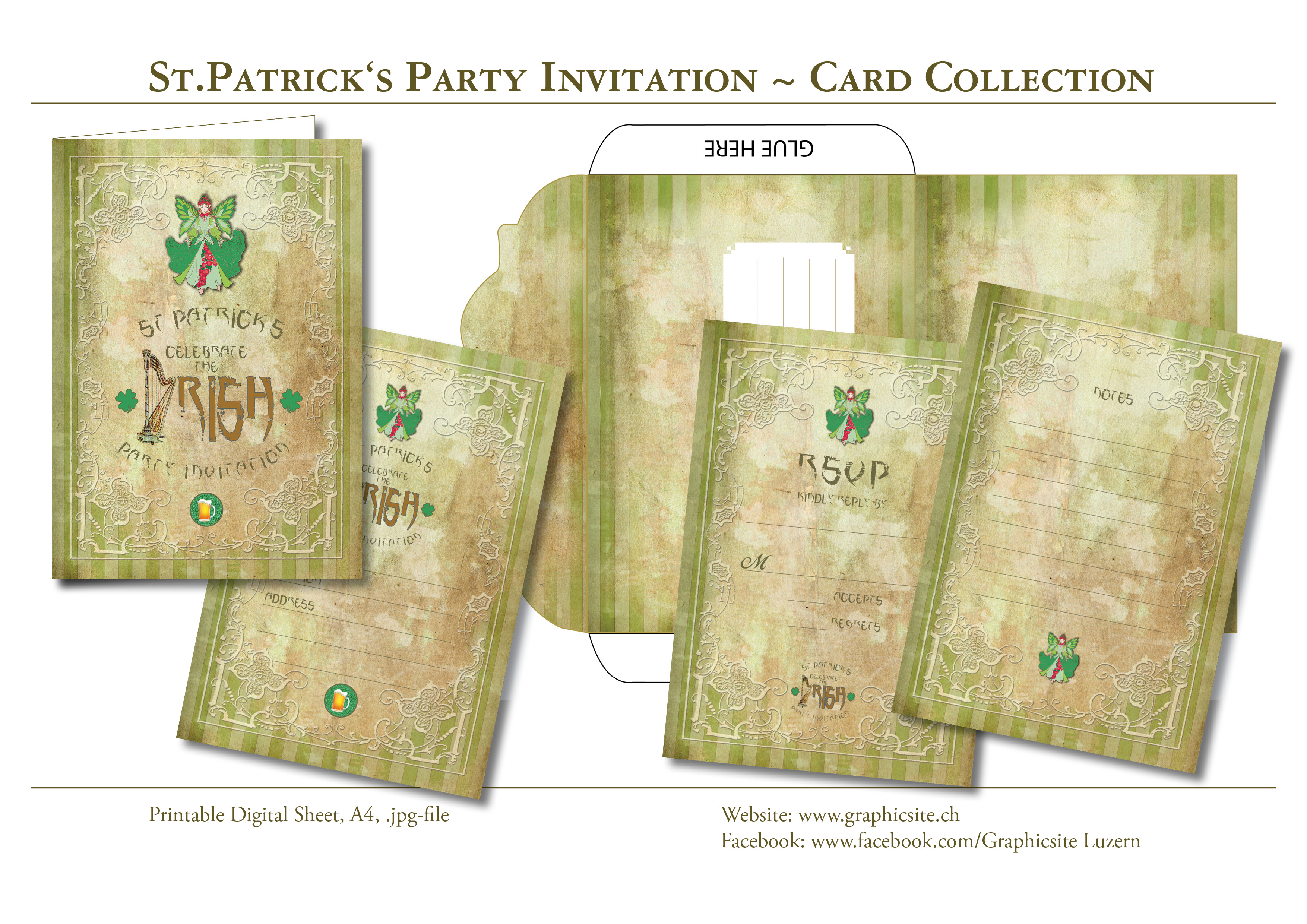 Printable Digital Sheets - DIN A-Formats - St.Patricks Party Invitation Collection - Invites, #cards, #greetingcards, #stpatricksday, #grunge, #fairy, #beer, #paper, #stationary, #luzern, #schweiz,